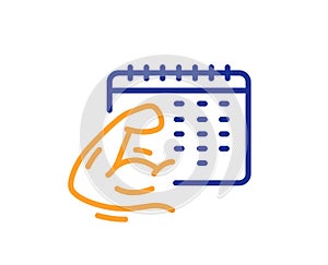 Fitness calendar line icon. Strong muscle arm sign. Vector