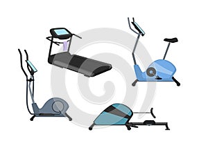 Fitness cardio machines set, treadmill elliptical rowing bike trainers vector graphic