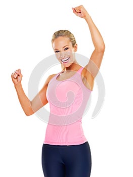 Fitness, celebration and portrait of woman in studio for training results, winning and wellness with white background