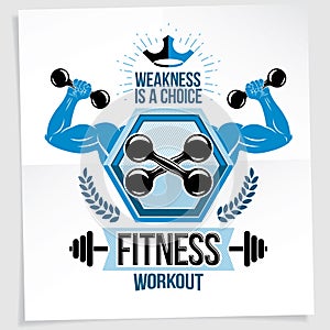 Fitness center marketing banner. Vector composition created using athletic sportsman biceps arms with fitness dumbbells sport