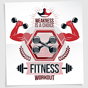 Fitness center marketing banner. Vector composition created using athletic sportsman biceps arms with fitness dumbbells sport
