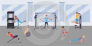 Fitness center workout flat vector illustration. Happy sportsmen, sportswomen training with gym equipment cartoon