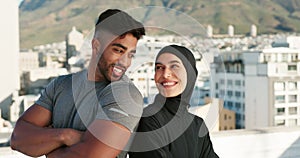 Fitness, city and muslim couple or personal trainer with client on urban rooftop for exercise, wellness and healthy