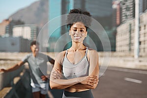 Fitness, city and portrait of a black woman in the street for workout, run or sports training. Health, wellness and