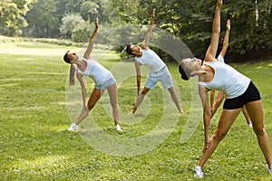 Fitness class. Portrait of smiling people doing power fitness ex