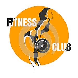 Fitness Club Logo or Emblem. Strong Athlete Woman with Barbell