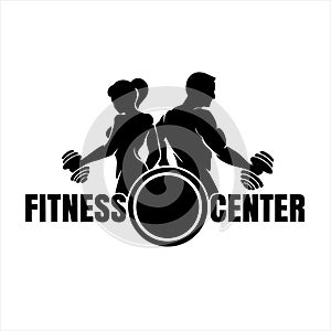 Fitness club logo or emblem with woman and man silhouettes. photo