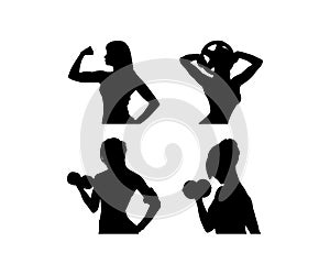 Fitness club logo with exercising athletic man and woman isolated on white, Silhouette of Training Bodybuilder Girl with Barbell.