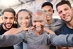 Fitness club selfie, group and portrait for gym diversity, happy and smile together for teamwork. Healthy people