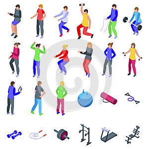 Fitness coaching and training icons set isometric vector. Coach gym sport