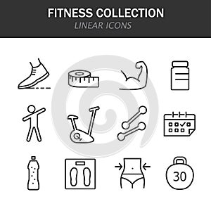 Fitness collection linear icons in black on a white background