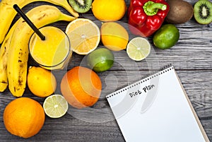 Fitness concept with fruit. Top view background concept. Fitness