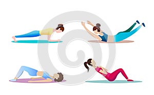 Fitness concept illustration of woman. Fitness and yoga girl icons isolated on white background. Flat design.