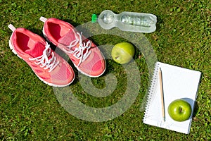 Fitness concept, pink sneakers, notebook with pencil, apples and bottle of water on green grass outdoors, top view