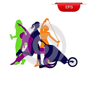 Fitness concept, running woman with stroller, icon, vector illustration