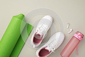 Fitness concept. Top view photo of white sports shoes pink bottle of water earbuds and green exercise mat on isolated pastel grey