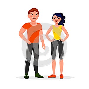 Fitness couple isolated on white background. Young man and woman in good shape dressed in sportswear  illustration in flat d