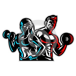 fitness couple man and woman with dumbbells in their hands