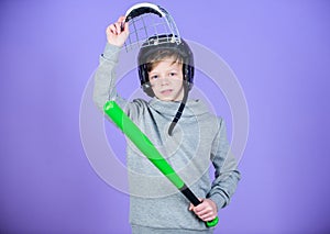 Fitness diet brings health and energy. Sport game. Gym workout of teen boy. child sportsman. Baseball bat and helmet