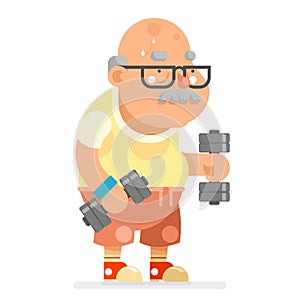 Fitness Dumbbells Exercises Grandfather Adult Healthy Activities Old Age Man Character Cartoon Flat Design Vector