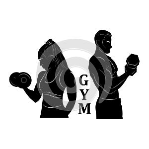 Fitness. Dumbbells. Silhouette. Woman and man in training. Logo. Sport. GYM. Bodybuilding
