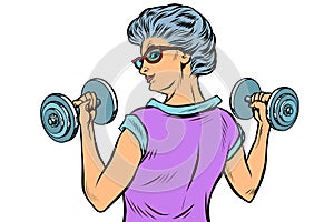 Fitness dumbbells sport activity Woman grandmother pensioner elderly lady