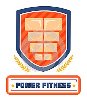 Fitness emblem with muscular abs on shield, red and blue color scheme. Gym logo design, powerful athletic club branding