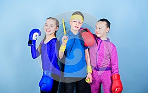 Fitness energy health. punching knockout. Team sport success. workout of small girls boxer and boy in sportswear. Happy