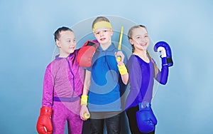 Fitness energy health. punching knockout. Team sport success. workout of small girls boxer and boy in sportswear. Happy