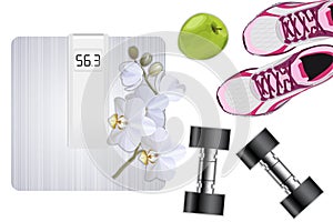 Fitness equipment. Apple, dumbbells and sport shoes, sport concept