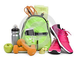Fitness equipment and training accessories on white background