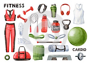 Fitness equipment - watercolor clipart set