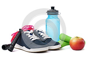 Fitness equipment on white background. Healthy lifestyle concept