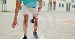 Fitness, exercise and black man with dumbbell in city doing cardio, workout and bodybuilder training. Sports, motivation