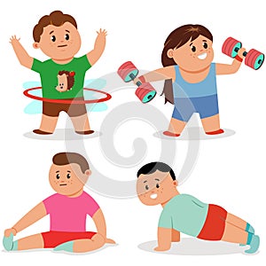 Fitness exercise for children vector set. Workout yoga and sports. Cartoon character