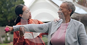 Fitness, exercise and a coach with an elderly black woman outdoor for a dumbbell workout, health or mobility. Wellness