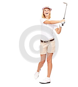 Fitness, exercise and golf by woman in studio happy, relax and smile while training on white background. Sport, wellness
