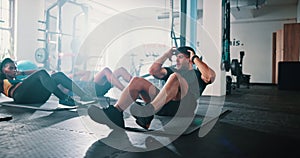 Fitness, exercise or sit ups with athlete and coach in gym for training or workout routine. Sports, goals or target with