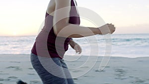 Fitness, exercise or woman running at beach, ocean or sea sand for wellness, training or goal workout. Freedom, health
