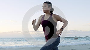 Fitness, exercise or woman running in Mexico beach, ocean or sand for wellness, training or workout. Sea sunset, mockup