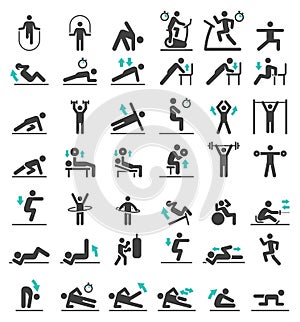 Fitness exercise workout icons set.