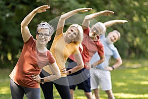 Fitness Exercises For Seniors. Sporty Mature People Training Together Outdoors