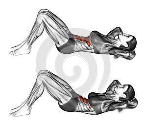 Fitness exercising. Flexion of the trunk with the rise of the pelvis lying on the floor. Female