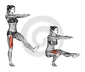 Fitness exercising. Pistol Squat. Female