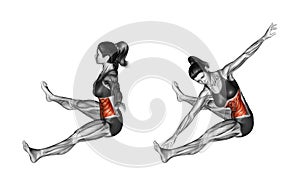 Fitness exercising. Rotation spins to the slopes of sitting. Female