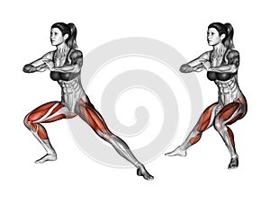 Fitness exercising. Side lunges. Female