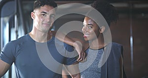 Fitness, face and happy friends at a gym for training, support or wellness, workout or exercise team. Coach, portrait