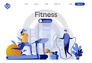 Fitness flat landing page. Man jumping with rope, woman running on treadmill vector illustration. Training in gym, Sports