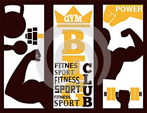 Fitness flayer brochure layout card design gym sport club strong equipment silhouette vector illustration.