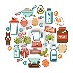 Fitness food poster of sports healthy diet food nutrition icons.